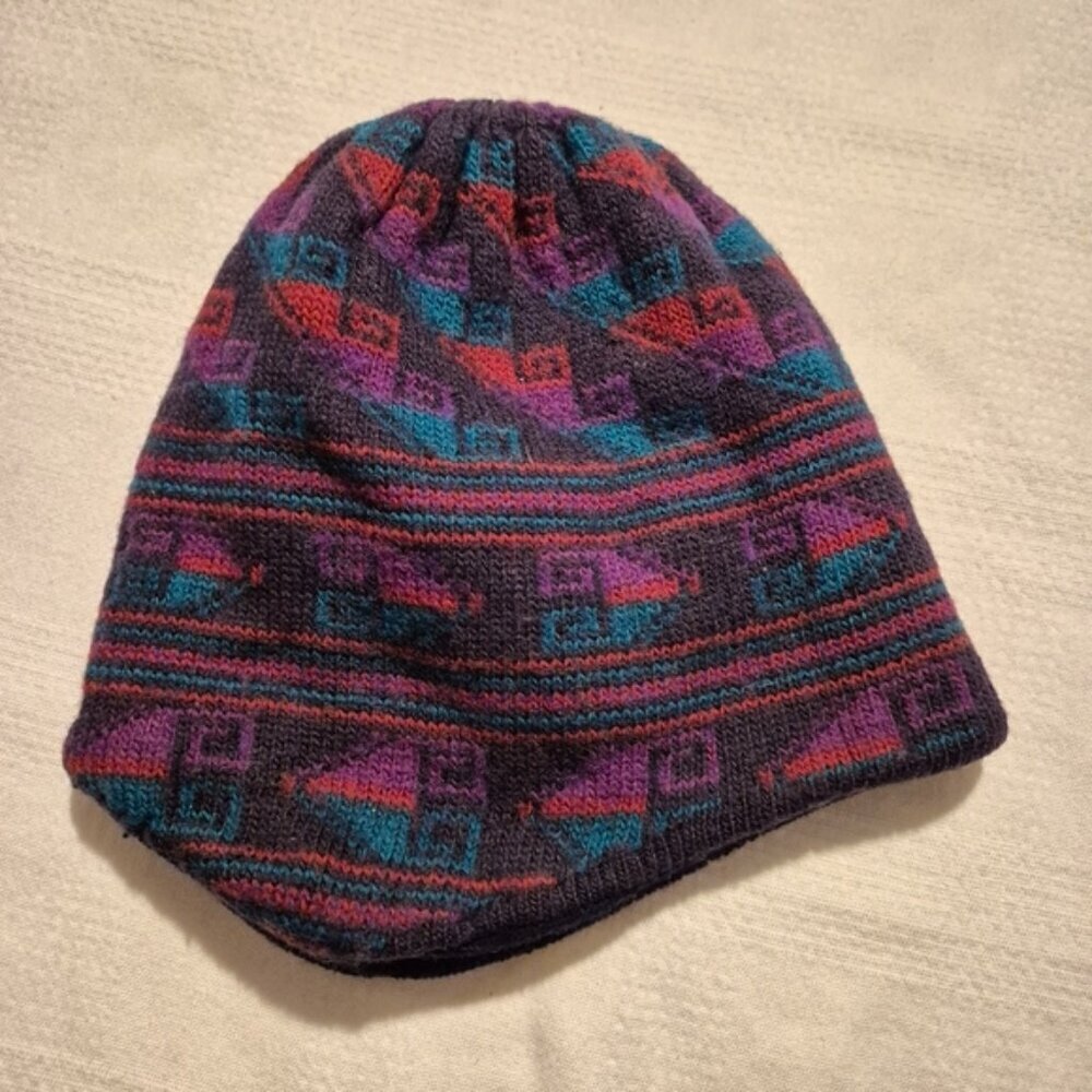 Patagonia adults large 50% wool fleece lined hat purple, teal & rust col…